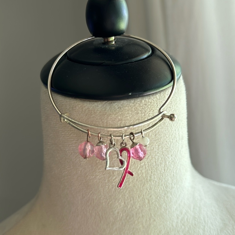 Breast Cancer Awareness Hope Silver Tone Bangle Hook Clasp Bracelet Pink Ribbon